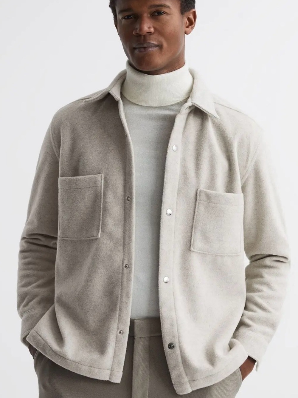 REISS Men's Button-Front Fleece Shirt Jacket - Oatmeal